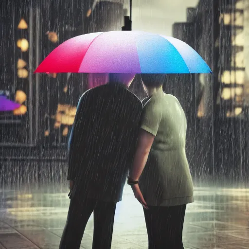 Prompt: umbrella under a heavy rain, a couple under the umbrella, a rainbow comes from the umbrella and goes down, between the couple, high contrast, the background is very dark, unreal engine 5, artstation winner, 8k, octane render, impressionist post effect applied