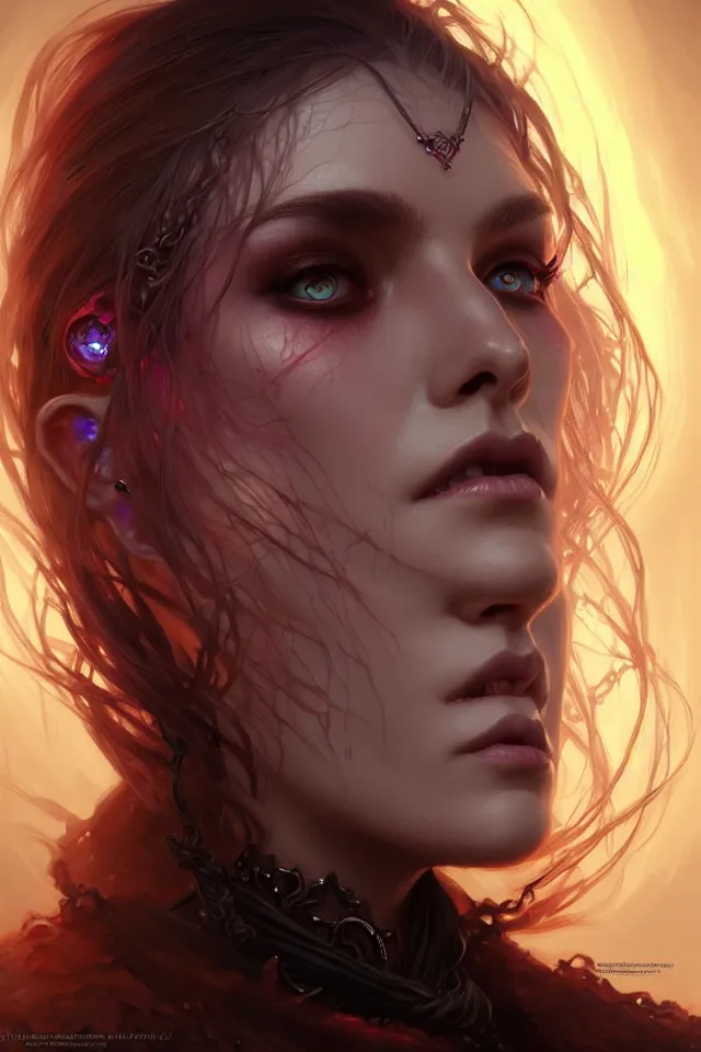 Image similar to Necromancer Sorceress face close-up macro in center, fantasy magic, undercut hairstyle, dark light night, intricate, elegant, sharp focus, illustration, highly detailed, digital painting, concept art, matte, art by WLOP and Artgerm and Greg Rutkowski and Alphonse Mucha, masterpiece