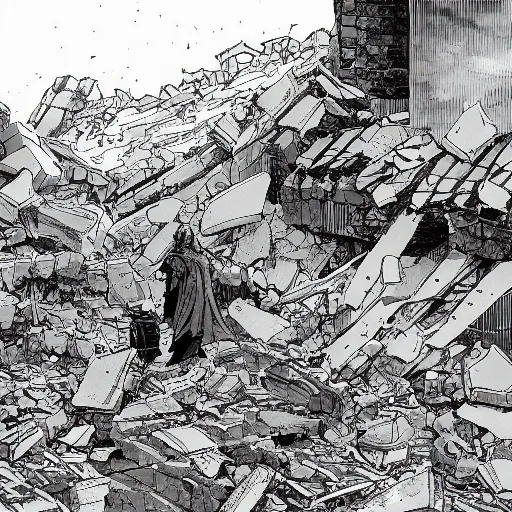 Prompt: a highly detailed technical shot with a kid wearing a long red cloak standing in front of a massive concrete wall that is breaking down into rubble with a telephot lens looking up at the destruction and at the top of the wall is a bunch of military soldiers standing guard, in the style of kastuhiro otomo, manga anime, style of 90's manga, oedo 808, geno-cyber aesthetic, western film compositions, intricate details,