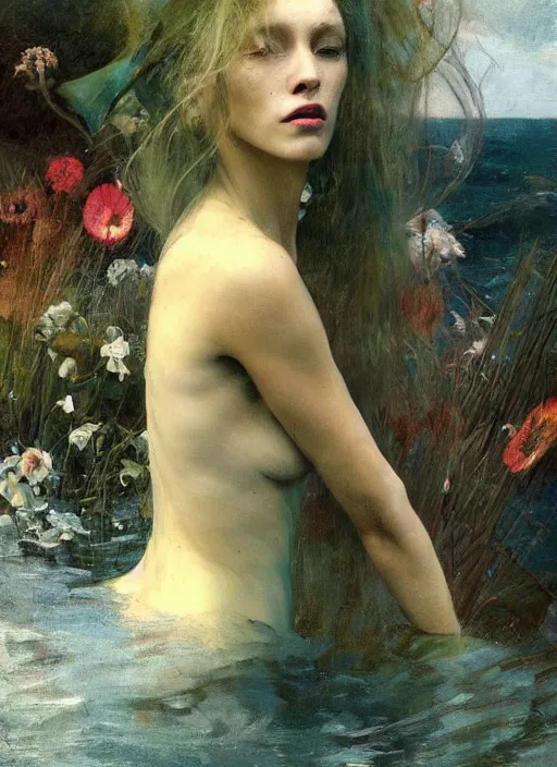 Prompt: queen of the garden, wind swept hair, murky underwater and dreaming by jeremy lipkin, vincent di fate, hieronymus bosch, rule of thirds, seductive look, beautiful