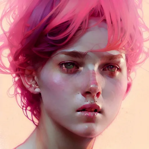 Prompt: Portrait of a tomboy with pink hair, glowing skin, fantasy, intricate, elegant, highly detailed, digital painting, artstation, concept art, smooth, sharp focus, illustration, art by Krenz Cushart and Artem Demura and alphonse mucha