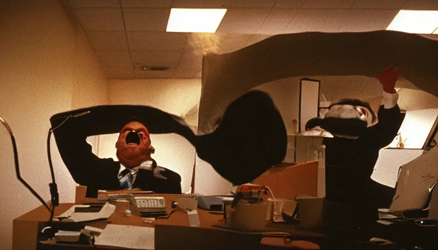 Prompt: 1990s candid 35mm photo of a beautiful day at the office, cinematic lighting, cinematic look, golden hour, a man is working at his cubicle when his very large and serious costumed boss yells at him, large angry mascot face screaming at working man, man is dreaming of escaping through a tunnel in the floor, UHD