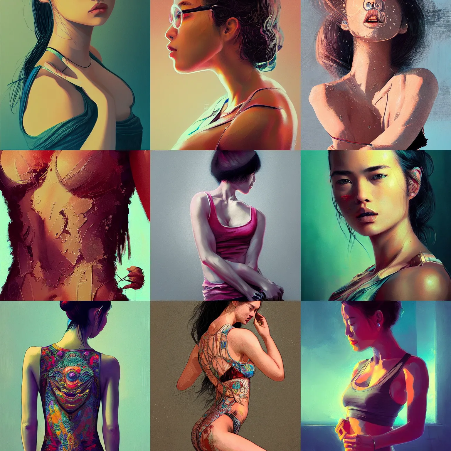 Prompt: sexy girl wearing a tanktop. intricate abstract. intricate artwork. by tooth wu, wlop, beeple, dan mumford, trending on artstation, greg rutkowski, cinematic