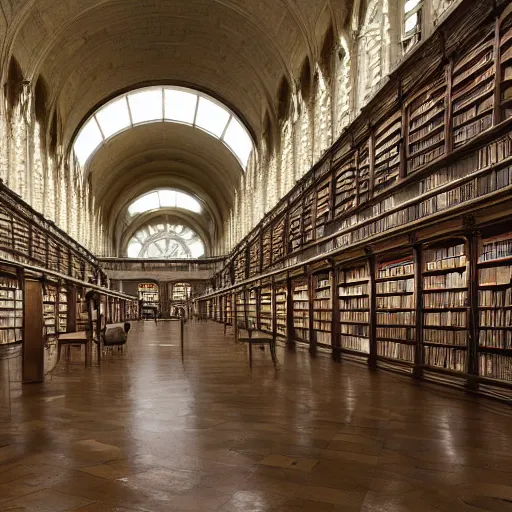 Prompt: vast interior, an organic vaulted library with with columns of books, by laurie lipton, by igor morski, by robert hubert, libraries, rendered in octane, realistic shadows, interior, volumetric illumination, photorealistic, detailed and intricate g