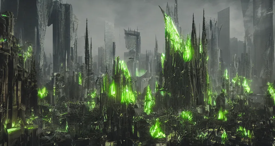 Prompt: giant thick green Spikes grow angular out of the ground in a gothic medieval cyberpunk city, debris flying around, the feeling of grimdark terror and pain, high quality, detailed, 8k, unreal engine, octane render, trending on artstation