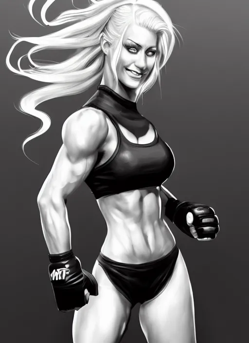 Image similar to a highly detailed illustration of fierce beautiful platinum blonde woman wearing black mma gear, dramatic smile pose, muscular, perfect face, perfect body, intricate, elegant, highly detailed, centered, digital painting, artstation, concept art, smooth, sharp focus, league of legends concept art, wlop