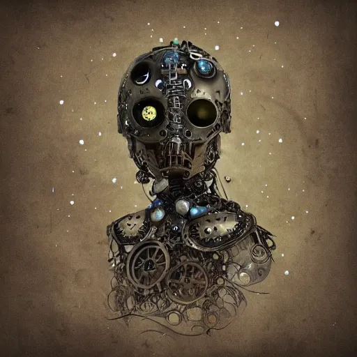 Prompt: firefly sentient robot covered in filigree, skull, steampunk, digital art, concept art, bokeh, intricate, watercolor, high contrast