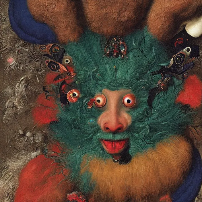 Image similar to close up portrait of a mutant monster creature with white fluffy moth pouf, exotic lily ears, psychedelic dark blue coral protuberances, cuttlefish pulsing malachite tendrils. by jan van eyck, walton ford