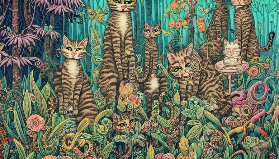 Prompt: highly detailed contemporary acrylic painting of really tall sitting cats by joe fenton, thick brush strokes and visible paint layers, dense overgrown forest background, vivid pastel color scheme