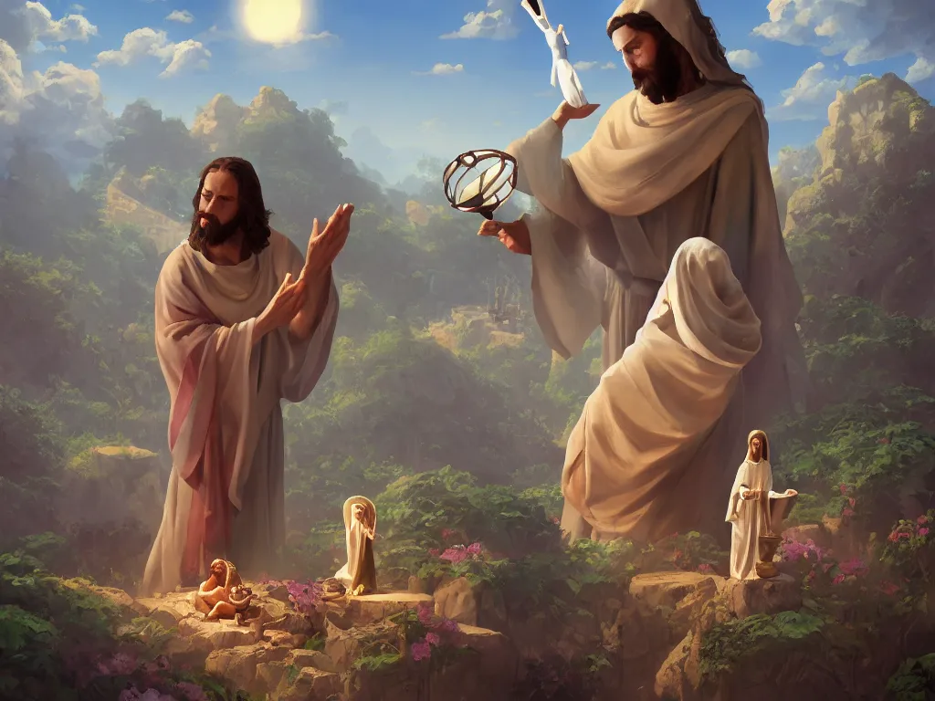 Image similar to the agony in the garden, Jesus on the left, a serpent nearby, and an angel holding a chalice, by goro fujita, trending on artstation, 8k, highly detailed, digital graphic art