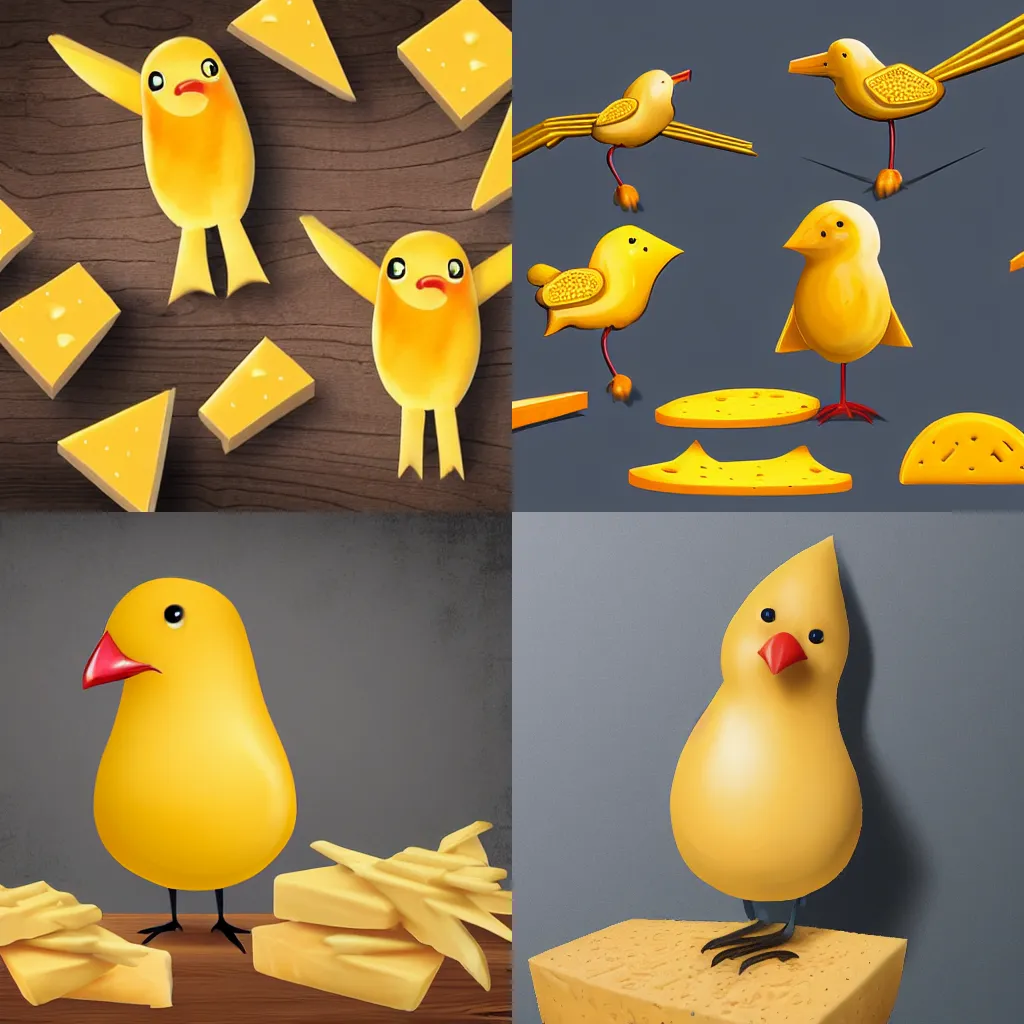 Prompt: Photorealistic bird made of cheese, winds made of cheese, chest made of cheese, featers made of cheese