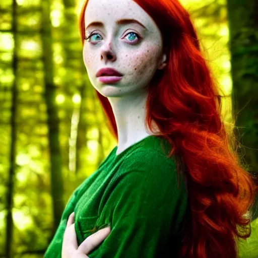 Image similar to realistic character concept, gorgeous Kacey Rohl, red hair, small freckles, symmetrical face, symmetrical eyes, green dress, forest, trees, shorter neck, cinematic lighting, Joshua Middleton and Adreas Rocha, beautiful