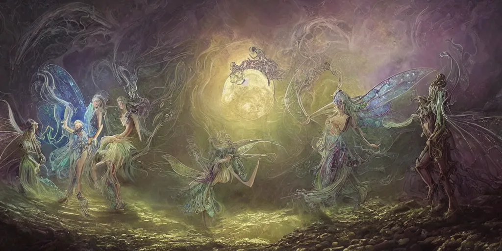 Image similar to concept art of translucent glowing fairies dancing, lovecraftian, renaissance, melting, round moon, rich clouds, fighting the horrors of the unknown, very detailed, volumetric light, mist, fine art, decaying, textured oil over canvas, epic fantasy art, very colorful, ornate intricate scales