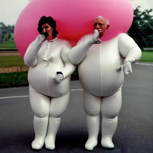 Image similar to a martin parr photo of a grandpa couple, wearing michelin man white body costumes, riding a pink pig, 1 9 7 0 s kodachrome colour photo, flash on camera,