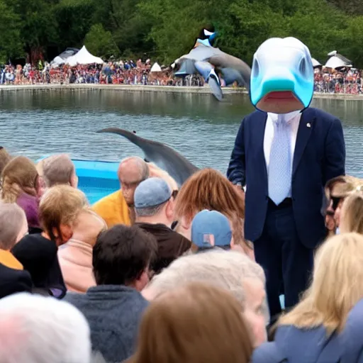 Prompt: a politician with a dolphin head talking to a crowd of Americans