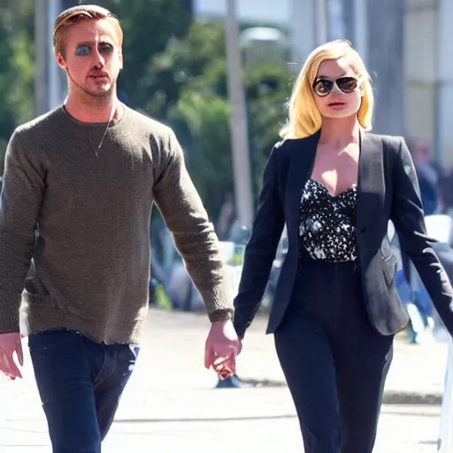 Prompt: still of ryan gosling and margot robbie, walking on eva mendes face