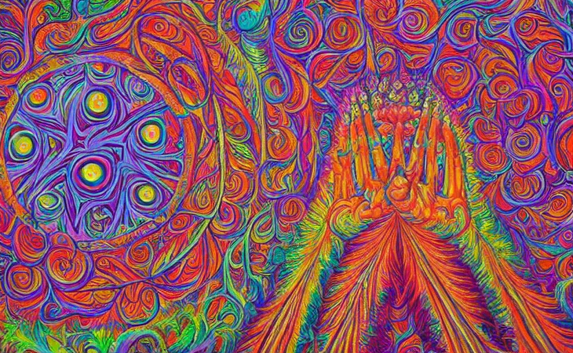 Image similar to psychedelic candy!!!!!!! forest by alex grey, acrylic painting!!!, intricate details!!!!, fine brush!!!!!!