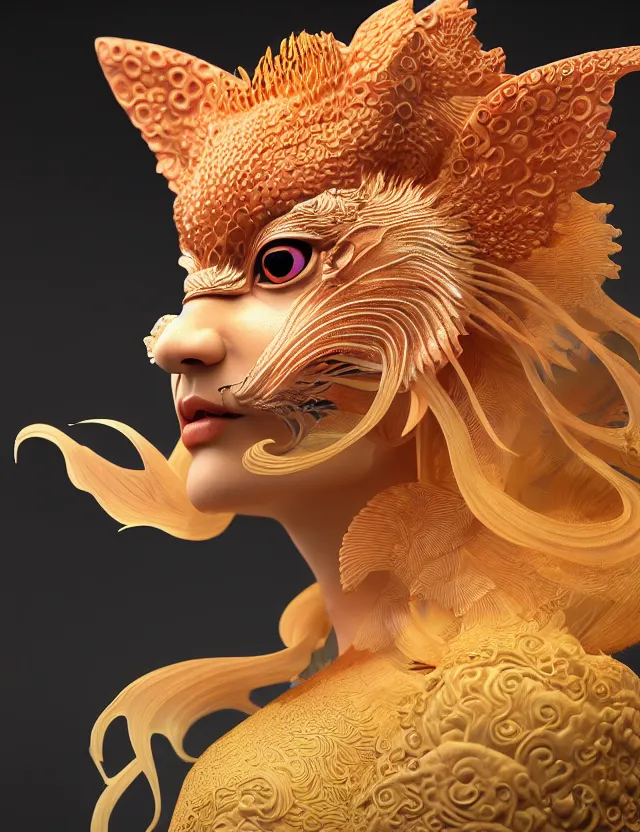 Image similar to 3 d goddess close - up profile portrait. beautiful intricately detailed japanese autumn fox mask and clasical japanese kimono. betta fish, jellyfish phoenix, bio luminescent, plasma, ice, water, wind, creature, artwork by tooth wu and wlop and beeple and greg rutkowski