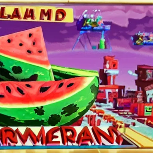 Image similar to a giant watermelon rampage town , movie scene