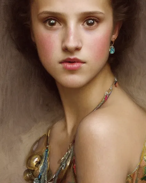 Image similar to a portrait painting of a shy, blushing 1 6 - year old alicia vikander or millie bobby brown as a princess with mouth open in awe, wearing tons of opal jewelry, intricate, elegant, highly detailed, artstation, concept art, by krenz cushart and donato giancola and william adolph bouguereau and alphonse mucha