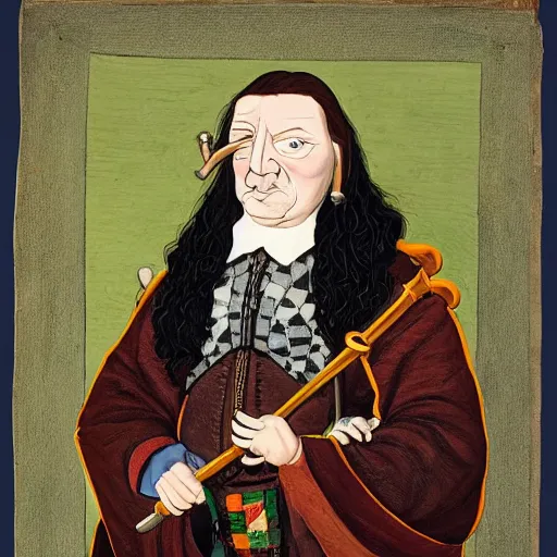 Image similar to a realistic 1 7 th century portrait of harry, a man with scottish features and exceptionally large bagpipes wearing quilts and wielding a wand. very pale, with a large pointy nose. hagrid in the background and hedwig on his shoulder