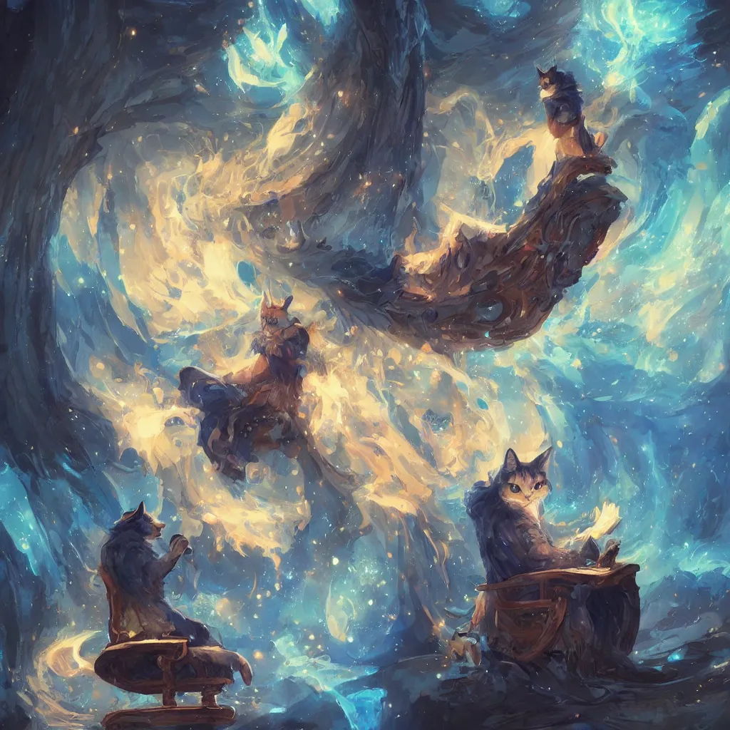 Image similar to anime cat with cloak laying on a magical wood carved chair, super powers, glowing tiny blue lines, concept art, by greg rutkowski, overdetailed art