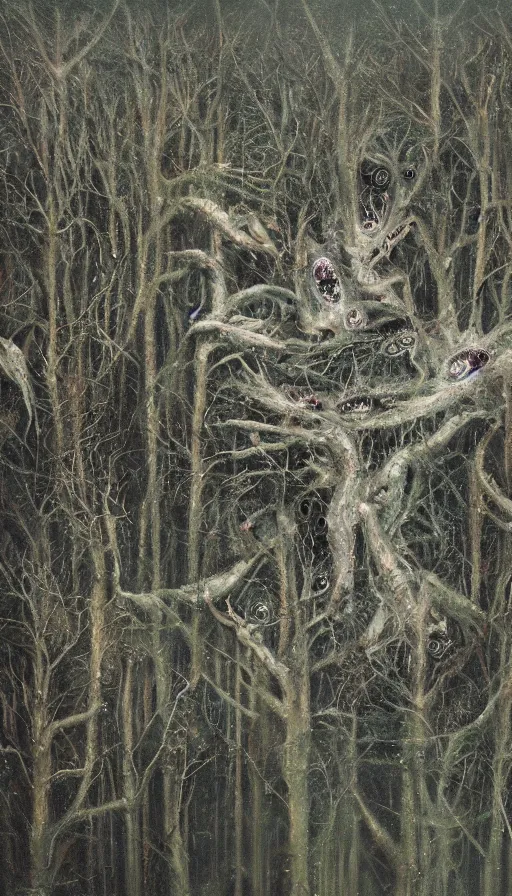 Image similar to a storm vortex made of many demonic eyes and teeth over a forest, by alyssa monks