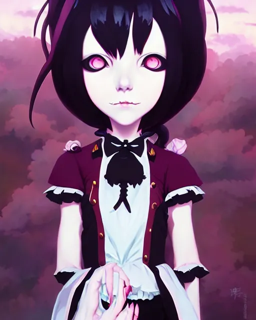 Image similar to portrait of cute goth alice from wonderland, anime key visual, by peter mohrbacher and ilya kuvshinov and wlop and makoto shinkai and studio ghibli