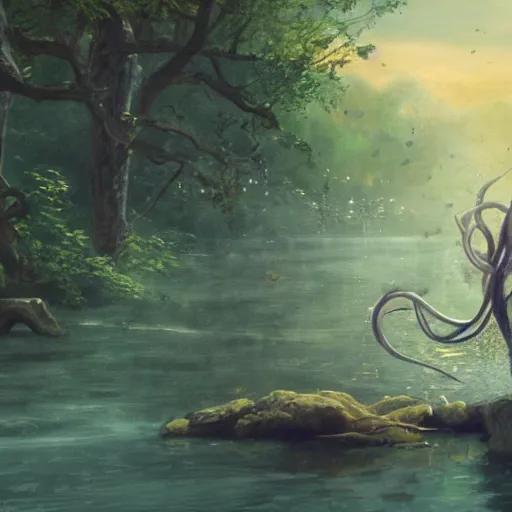 Prompt: a cinematic painting of alien tentacles emerging from the water of a river, a single human godly like figure stands on the riverbed watching, fire blowing the leaves from the trees