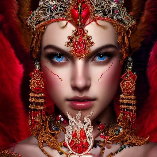 Image similar to photograph of wonderful princess with smooth fair skin, alluring eyes, red jewelry, breathtaking, elegant, ornate, intricate, hyper detailed, accent lighting, dramatic light, 4 k octane render