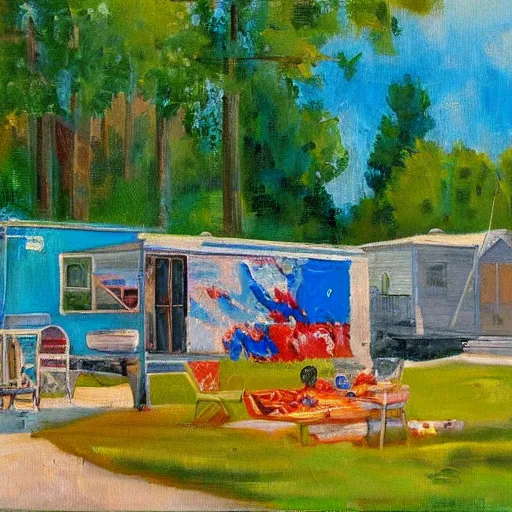 Prompt: impressionist painting of a trailer park poolside barbecue set in rural Georgia after the fall of Washington