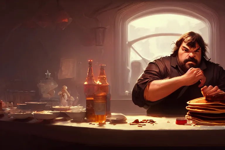 Prompt: jack black inside pancakes, hyper detailed, digital art, artstation, cinematic lighting, studio quality, smooth render, by caravaggio, artgerm, greg rutkowski