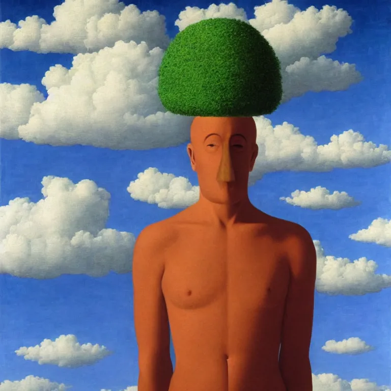 Image similar to cloud - man, by rene magritte, centered, detailed painting, hd, hq, high resolution, high detail, 4 k, 8 k