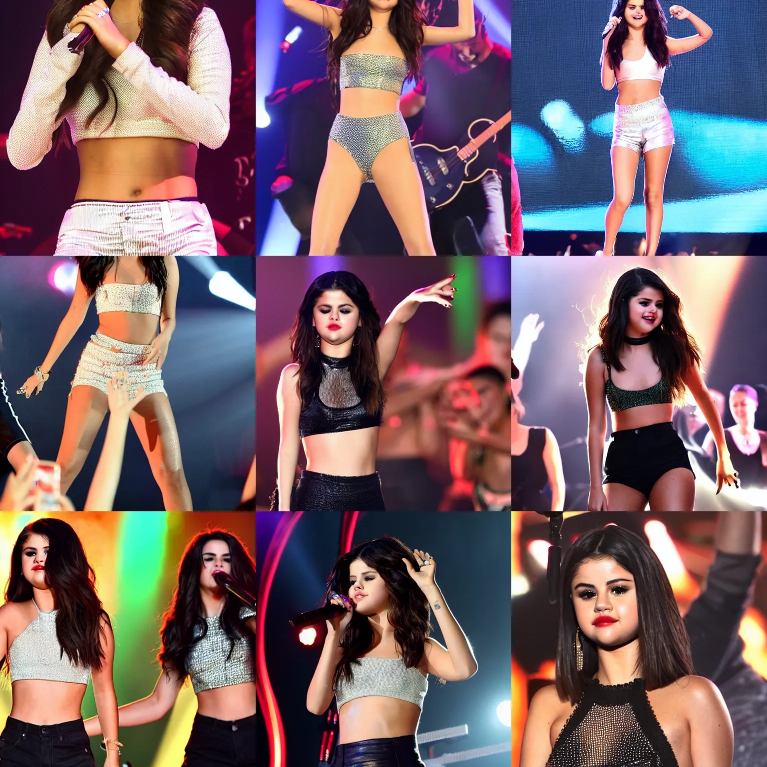 Prompt: photo of Selena Gomez wearing a crop top while performing, belly button showing, 8k, detailed