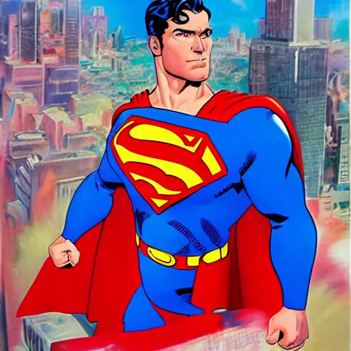 Prompt: a cartoon of a man in a superman suit, an airbrush painting by José Comas Quesada, behance contest winner, superflat, dc comics, official art, marvel comics