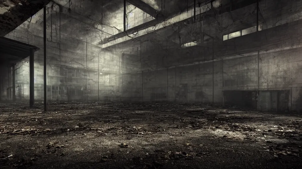 Image similar to abandoned factory, dimly lit, unknown figure lurking in background, unsettling, 4 k, photo realistic, creepy