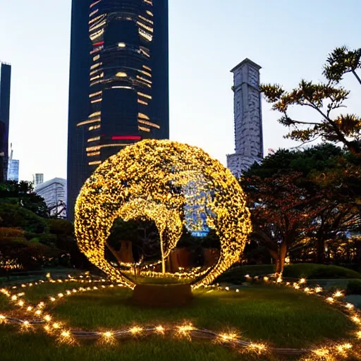 Prompt: park in tokyo in between skyscrapers, night time, lit with globe lights