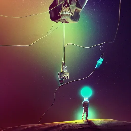 Prompt: beautiful dark landscape, astronaut with skull head, cables and wires, in the style of beeple and Mike Winkelmann, intricate, epic lighting, cinematic composition, hyper realistic, 8k resolution