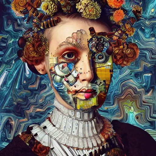 Image similar to deepdream portrait of a female scientist who is also a robot, rococo style, by Sandra Chevrier