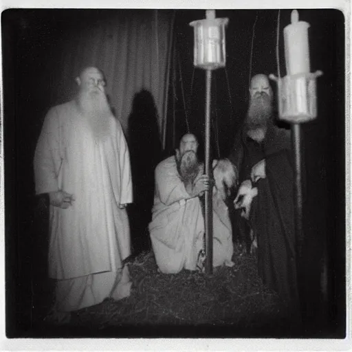 Image similar to trail _ camera _ photo _ of _ a _ breaton monks looking like rasputin with lit candles and a goat performing sacred liturgy!!! _ realistic _ spooky _ grimdark _ night _ black _ and _ white, polaroid