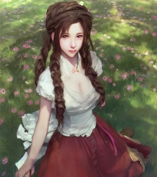 Prompt: aerith gainsborough in a cottagecore dress, portrait, illustration, rim light, top light, perfectly shaded, spring time, slight overcast lighting, soft painting, art by krenz cushart and wenjun lin