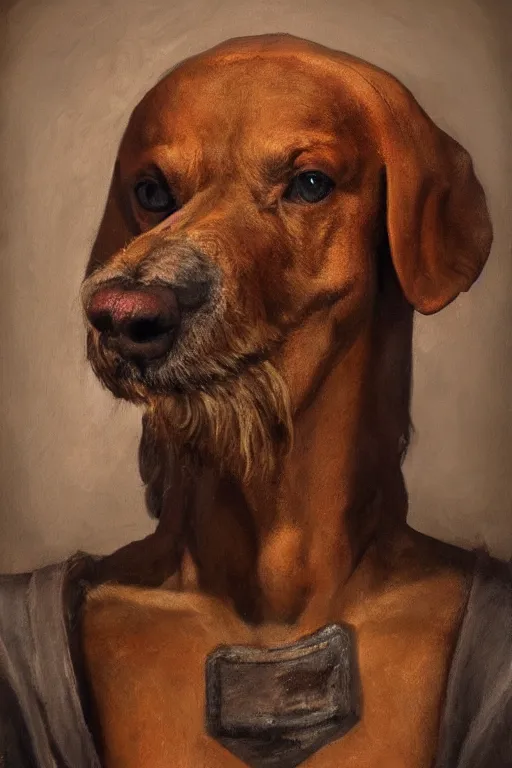 Image similar to Slavic dog head man, beautiful torso in medieval clothes, oil painting, hyperrealism, woolen, high resolution, trending on artstation,