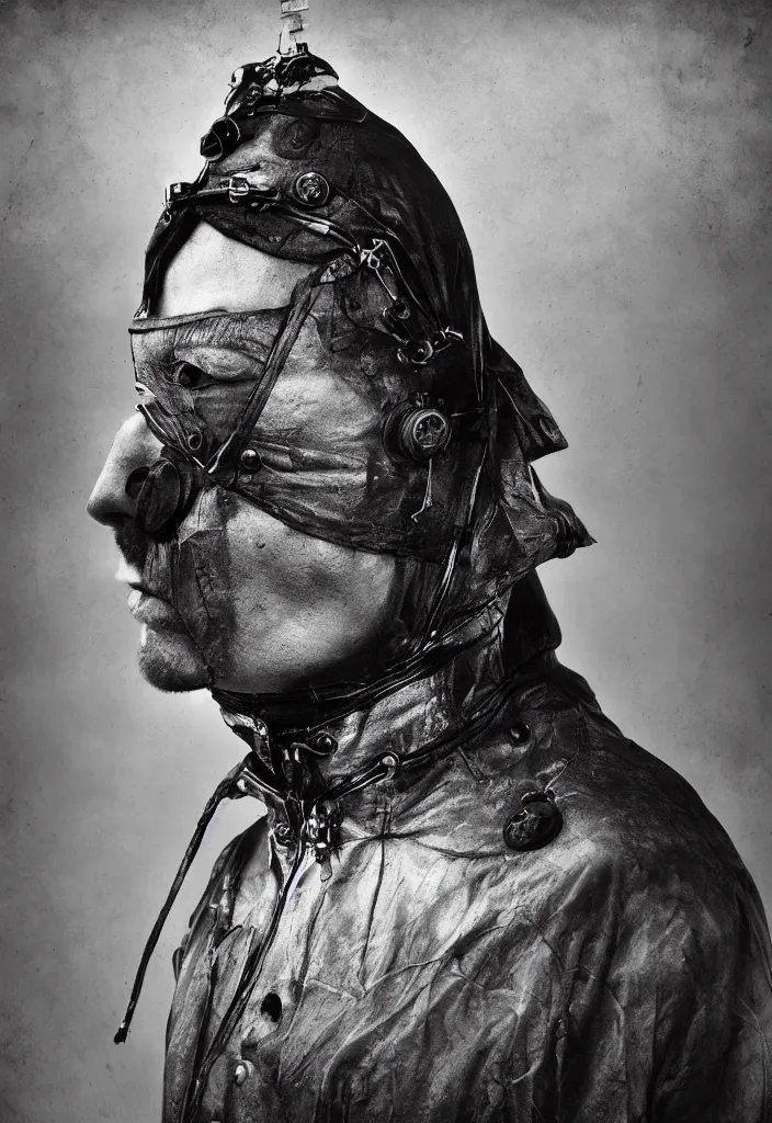 Image similar to full frame steampunk hybrid organic zipped face, by lee jeffries, gelatin silver process photo, erik johansson,