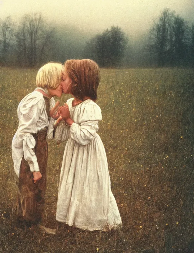 Image similar to peasant boy and girl first kiss, secretly on a village, Cinematic focus, Polaroid photo, vintage, neutral colors, soft lights, foggy, by Steve Hanks, by Serov Valentin, by lisa yuskavage, by Andrei Tarkovsky