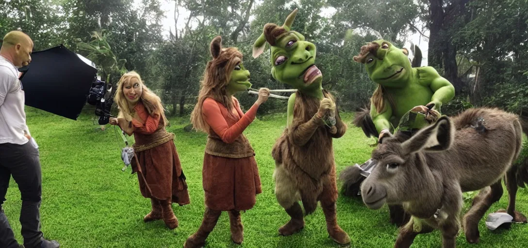 Image similar to behind the scenes photo of shrek, fiona and donkey taking a break in - between filming scenes. movie sound - set. green screen. director reviewing footage. donkey smoking a cigar.