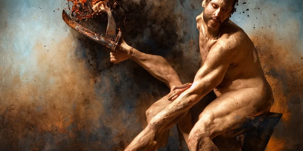 Image similar to highly detailed photography of a men made of rust clay and fire, hand gesture, sharp focus, dust particles, dirt, dramatic scene, aesthetic, dynamic lighting, elegant, harmony, masterpiece, by roberto ferri, blue background, high quality, spatula