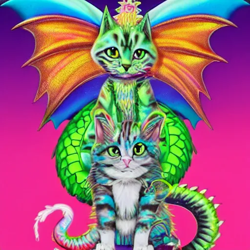 Prompt: a very cute fantasy cat with beautiful dragon wings by lisa frank