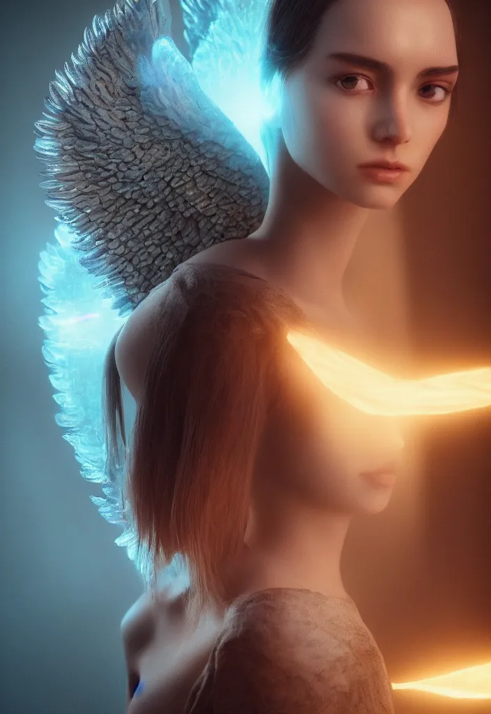 Image similar to portrait art of female angel by alessio albi 8 k ultra realistic, angel wings, lens flare, atmosphere, glow, detailed, intricate, full of colour, cinematic lighting, trending on artstation, 4 k, hyperrealistic, focused, extreme details, unreal engine 5, cinematic, masterpiece