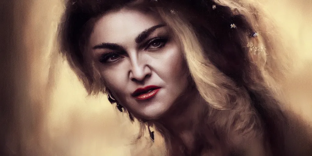 Image similar to Madonna portrait, Greg Rutkowski, Zabrocki, Karlkka, Jayison Devadas, trending on Artstation, 8K, ultra wide angle, zenith view, pincushion lens effect