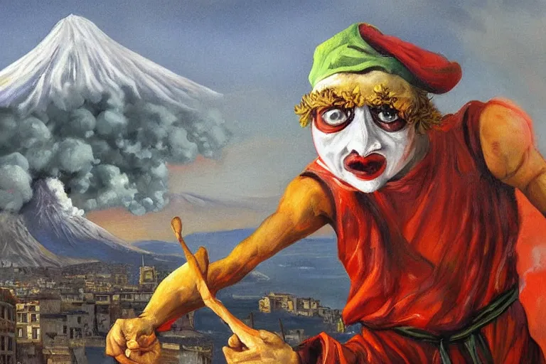 Image similar to a highly detailed pulcinella!!! from naples with pizza in foreground, volcano in the background with smoke, blazing fire and glowing lava, full body, wide angle, an ultrafine detailed painting by rivorio mok, post - apocalyptic vibe, trending on deviantart, whimsical, lowbrow, perfect symmetrical face, sharp focus, octane, masterpiece